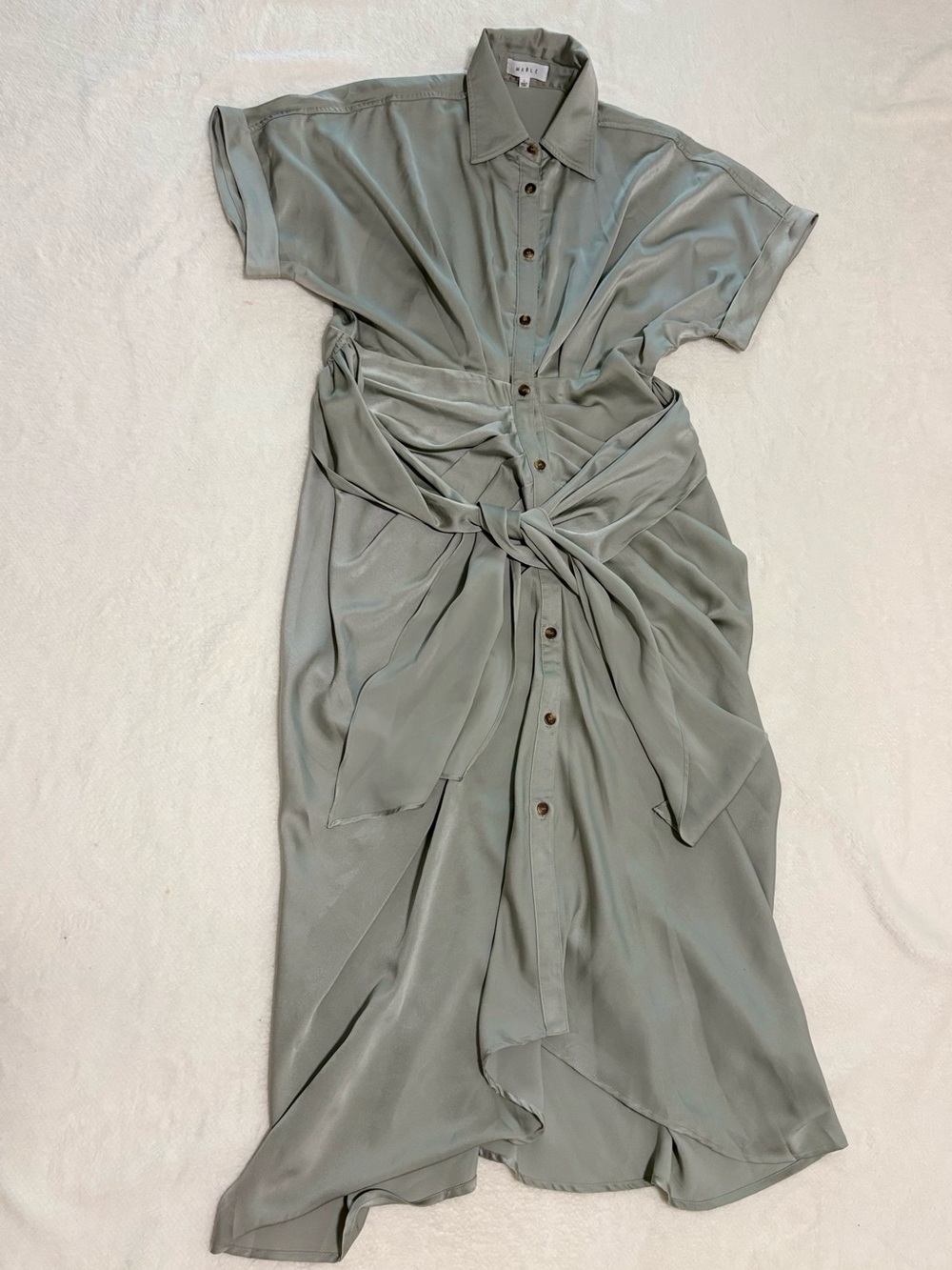 MARBLE Sage Green Button-Front Midi Dress with Waist Tie